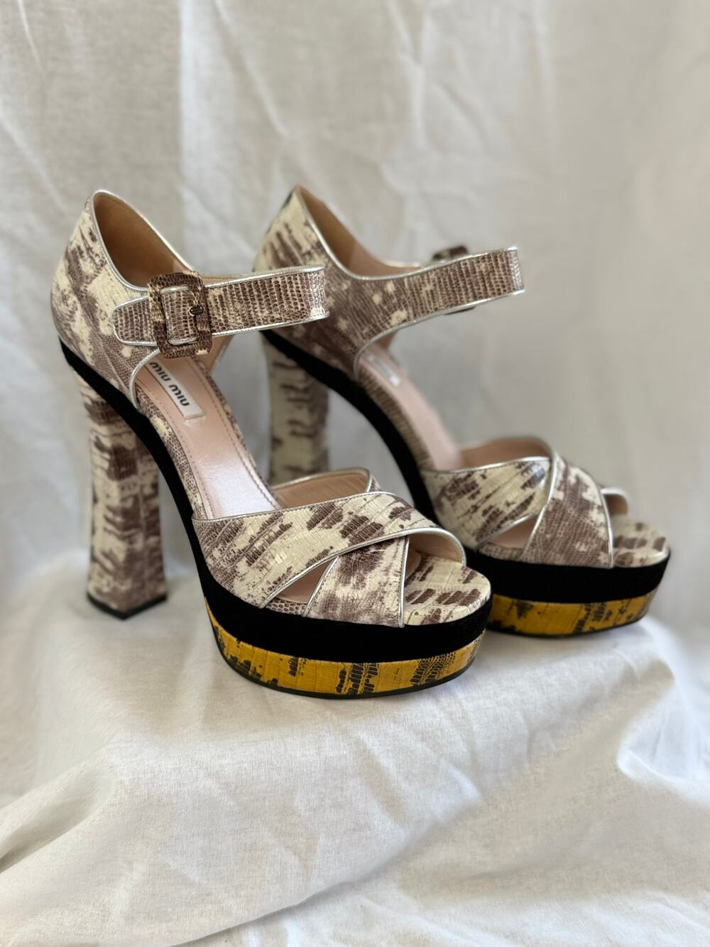 Miu Miu Snakeskin Print Platform Ankle Strap Sandals EU 41